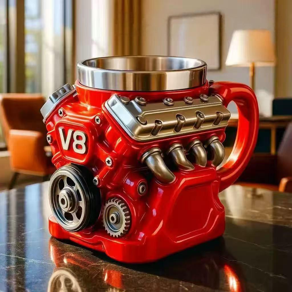 🏎️✨Retro V8 Engine Coffee Mug – Realistic Design, Stainless Steel Construction