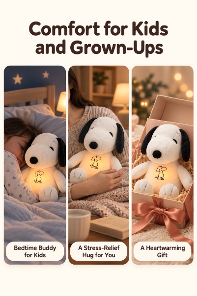 Breathing Snoopy plush arranged in several compact room display settings
