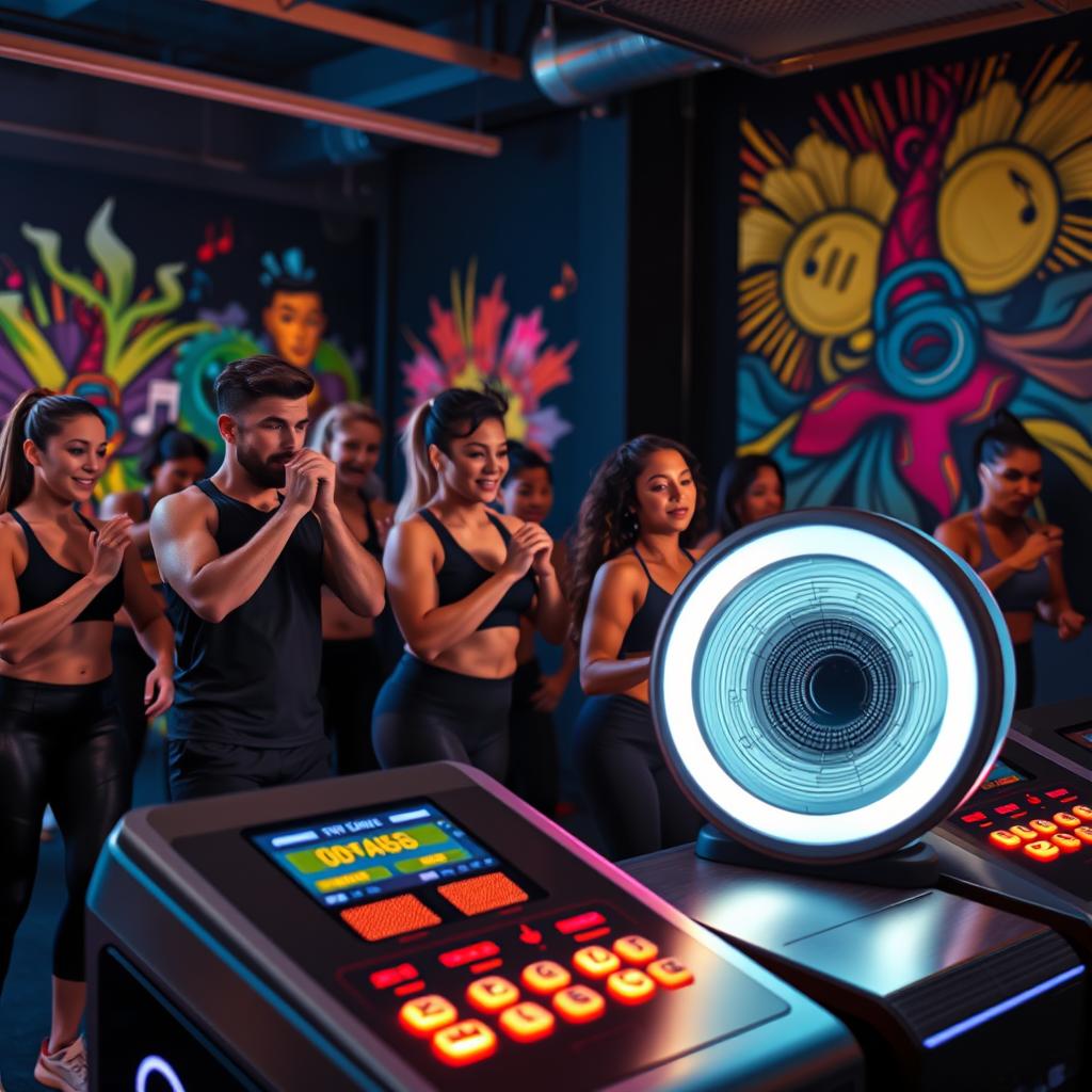 A vibrant and dynamic scene showcasing a modern music boxing machine in an urban gym environment. In the foreground, a sleek, high-tech boxing machine with illuminated buttons and sound speakers pulsating in rhythm, inviting interaction. In the middle ground, a diverse group of people in professional fitness attire engaged in using the machine, their expressions reflecting excitement and determination. The background features a stylish gym interior with colorful murals of music notes and energetic abstract art, enhancing the lively atmosphere. Soft, dramatic lighting highlights the machine and the users, casting energetic shadows, while a slight lens blur gives depth to the scene, emphasizing the action and movement of the participants. The overall mood is upbeat, energetic, and motivating, capturing the fusion of music and fitness.
