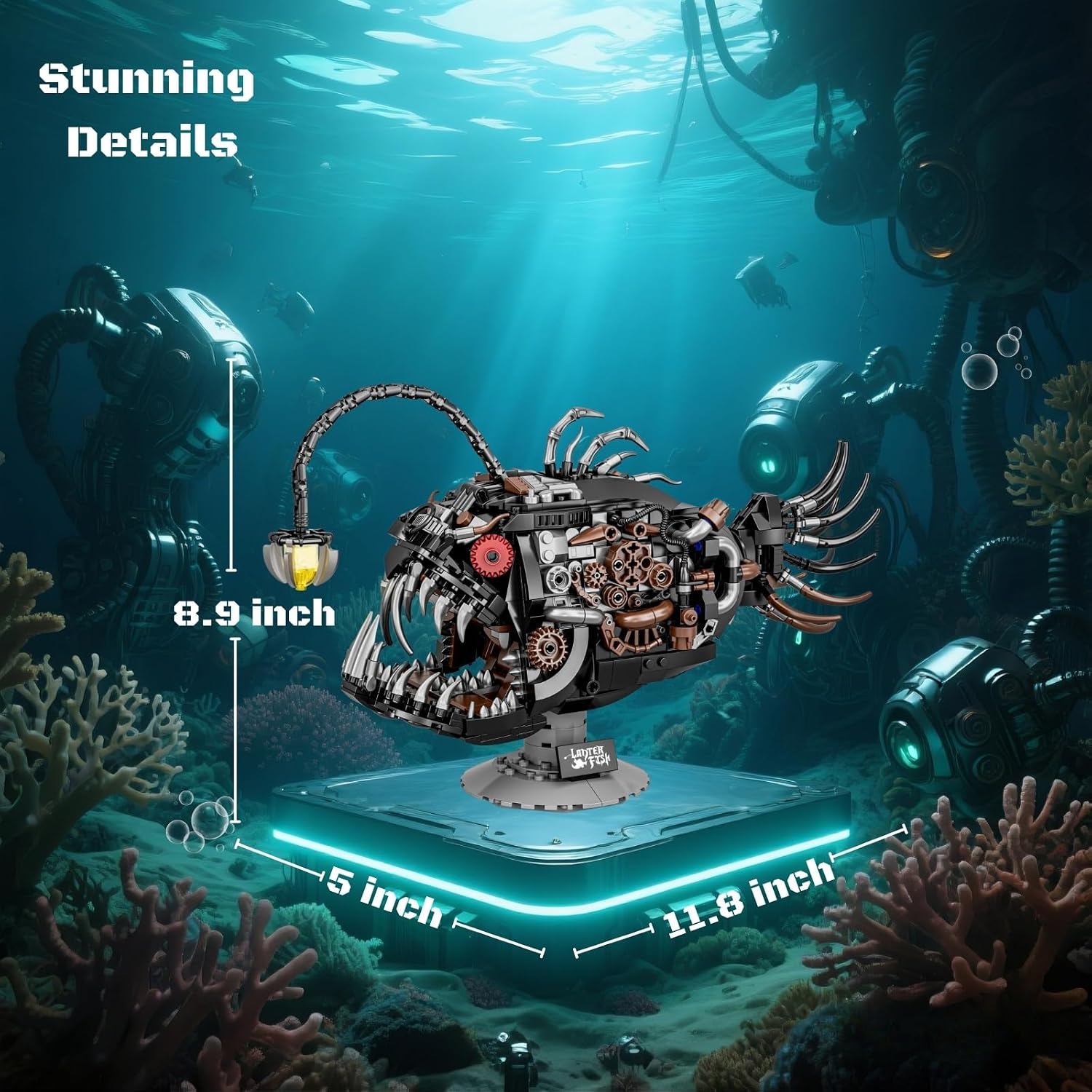 Mechanical anglerfish model with dimensions marked as 11.8 inches, 6 inches and 8.9 inches