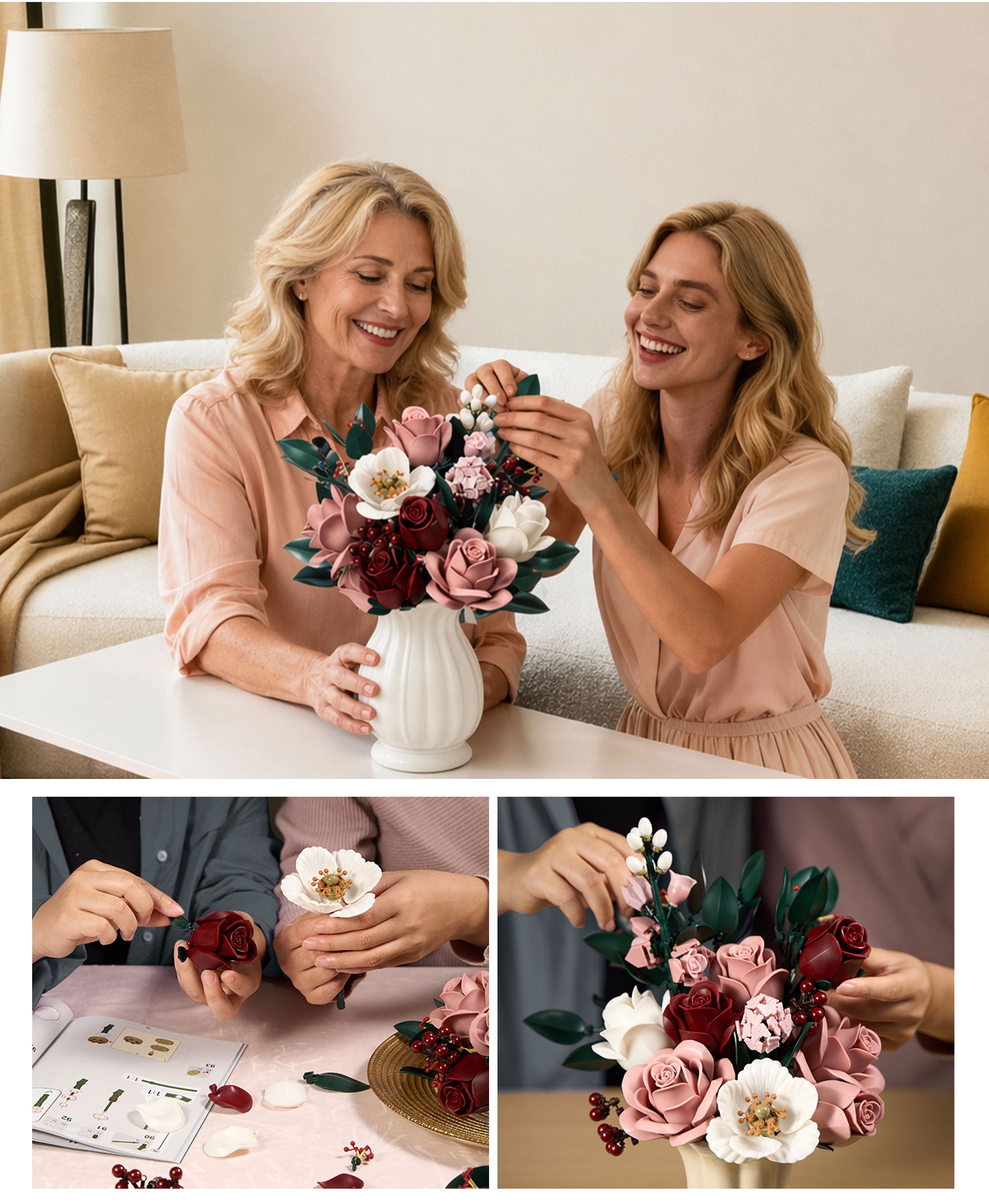 Hands assembling a dusty pink rose bouquet building set step by step
