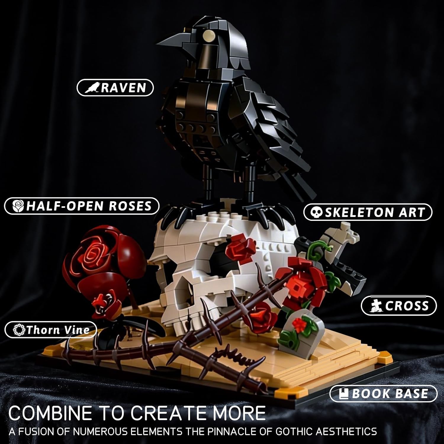 Gothic Raven & Skull Art Building Set, Skull Decor Features Ravens, Skulls, Roses, Crosses, and Books - Eye-Catching Table Centerpiece, Holiday or Birthday Gift for Adults & Kids Ages 8+ (758 PCS)