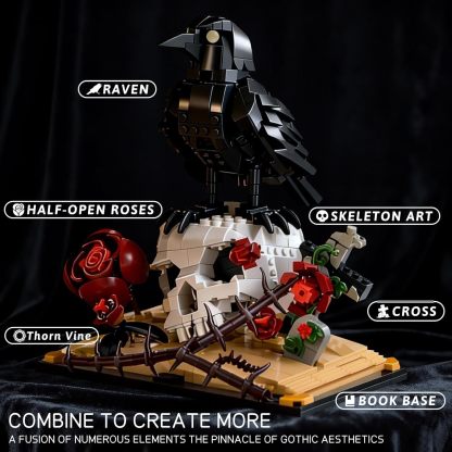 Gothic Raven & Skull Art Building Set, Skull Decor Features Ravens, Skulls, Roses, Crosses, and Books - Eye-Catching Table Centerpiece, Holiday or Birthday Gift for Adults & Kids Ages 8+ (758 PCS)