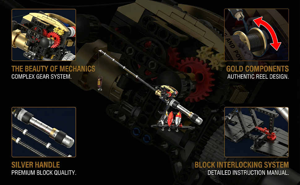 Mechanical details of the assembled building block fishing rod and reel