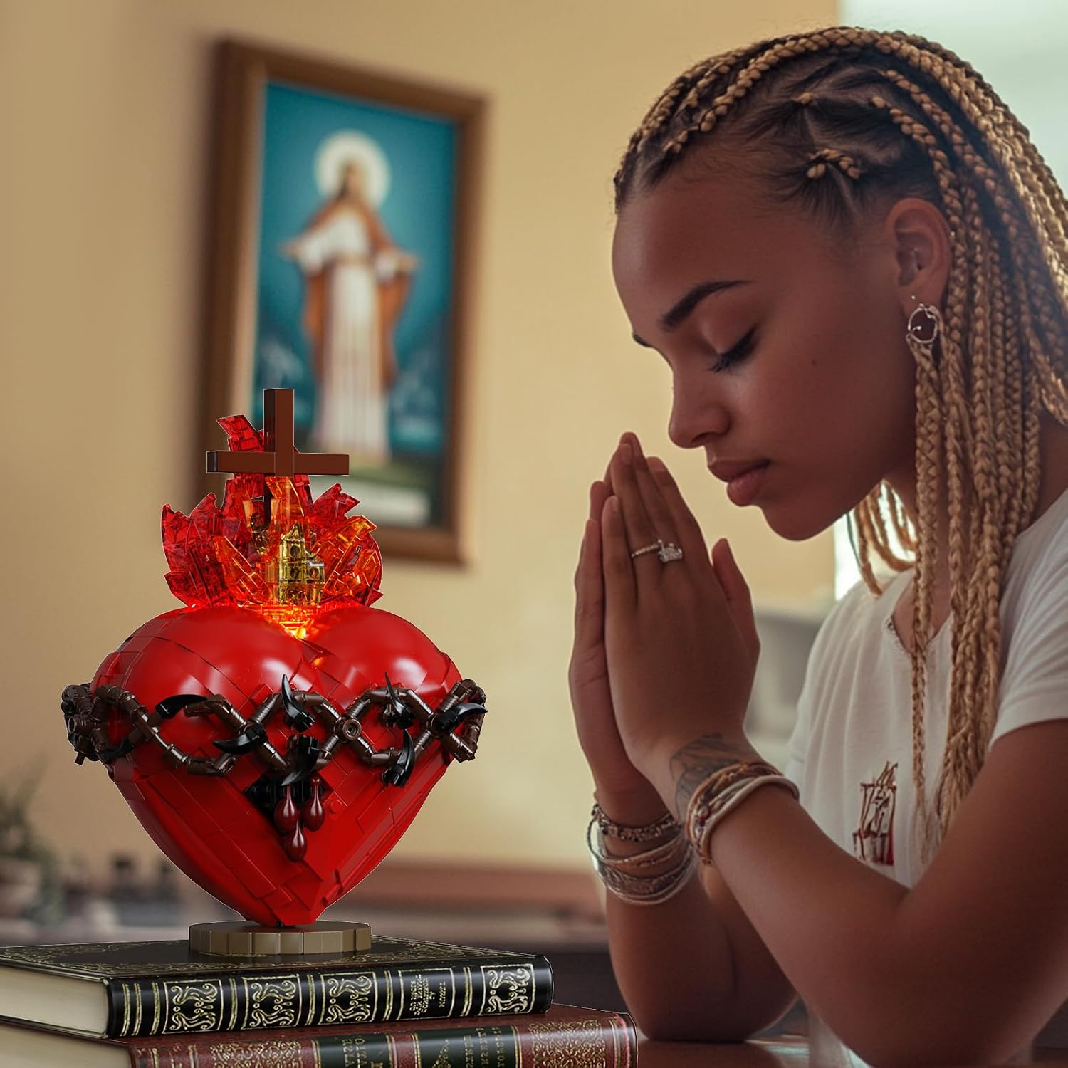 Millionspring Sacred Heart of Jesus Building Block Set with LED Light,Jesus Heart Toy Model,Home Chapel Decor Easter Gifts for Kids,Adults(625PCS)