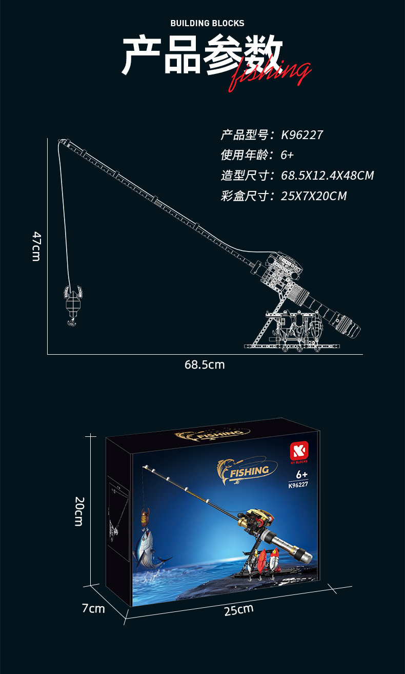 Fishing rod building set specifications and retail box presentation