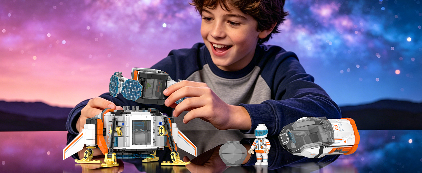 Space mission team toy set with modular spaceship, astronaut figures, robot crab, and research lab