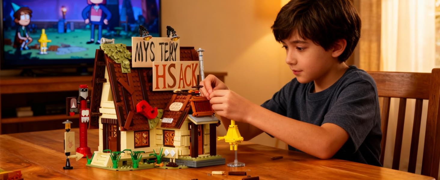 Builder assembling the Mystery House cabin and exterior accessories at a table