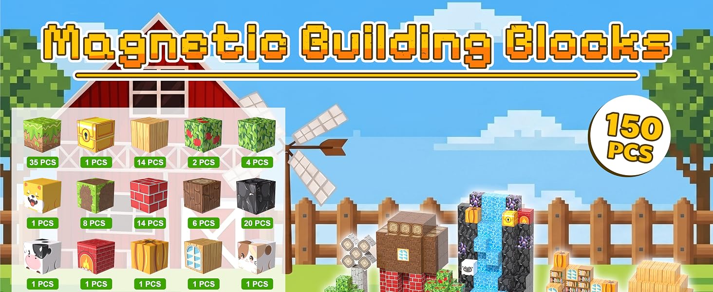 Pixel-style magnetic building blocks with patterned cubes and a forest building scene