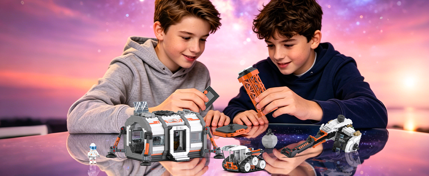 Modular space base building set with separate sections for creative interstellar combinations