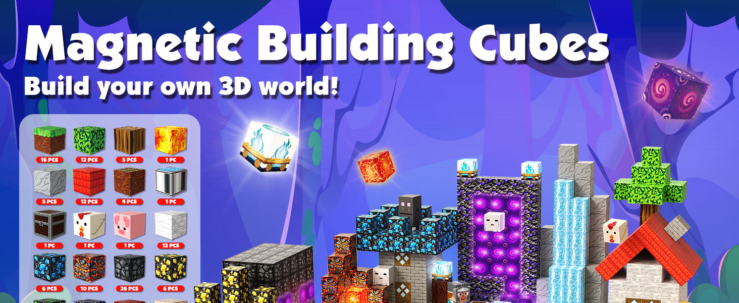 200-piece magnetic building cubes with light-up blocks and a colorful pixel-style 3D scene