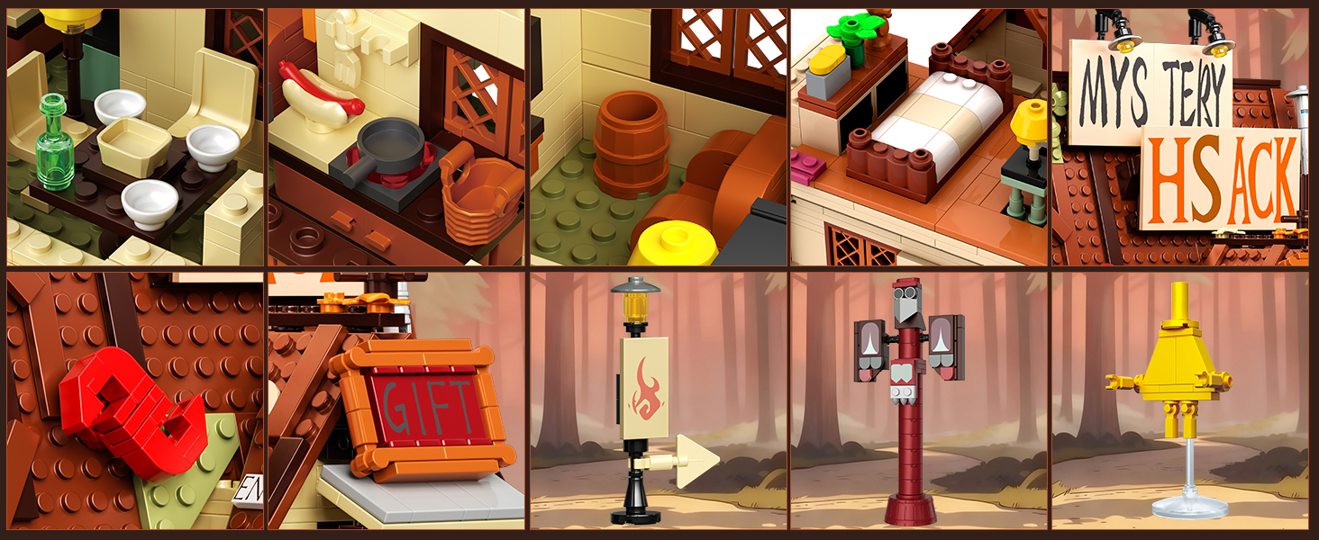 Close-up details of the Mystery House building set including interior furnishings gift sign and exterior accessories