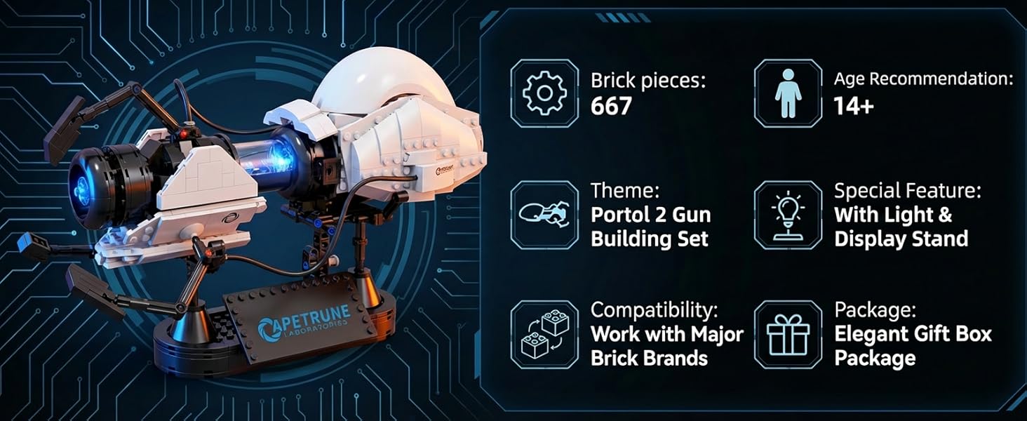 Portal-style sci-fi brick gun model gift for gamers and adult building set collectors