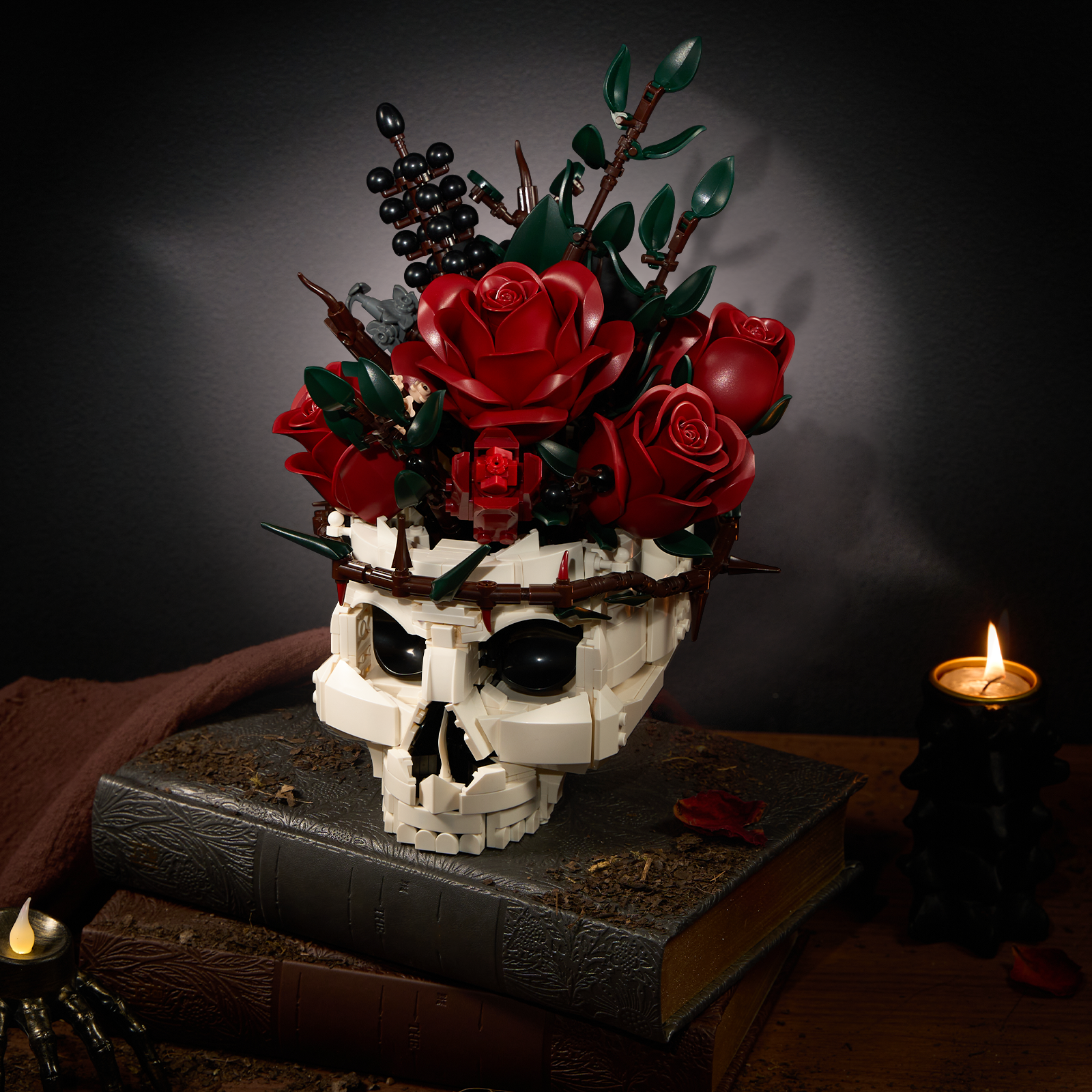 Gothic Skull Red Rose Bouquet Building Block Set