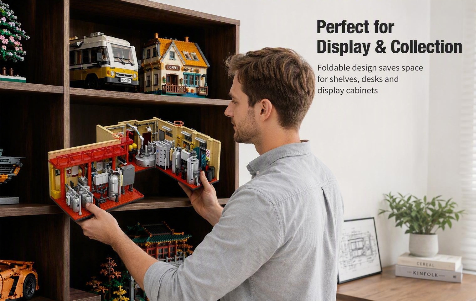 Foldable modular chemistry laboratory shown in expanded and compact layouts