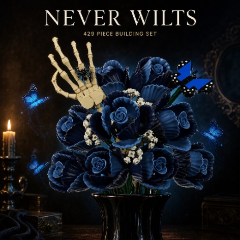 Completed 429-piece gothic blue rose bouquet building set with skeletal hands and blue butterflies