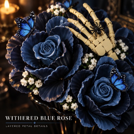 Close-up of layered blue roses, skeletal hand and butterfly details in the gothic bouquet building set