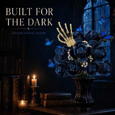 Gothic blue rose bouquet building set displayed with candles and vintage books in a dark-academia room
