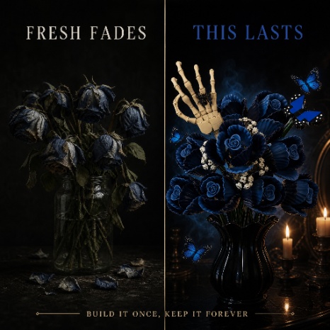 Comparison showing fresh blue roses fading while the gothic blue rose building bouquet remains display-ready