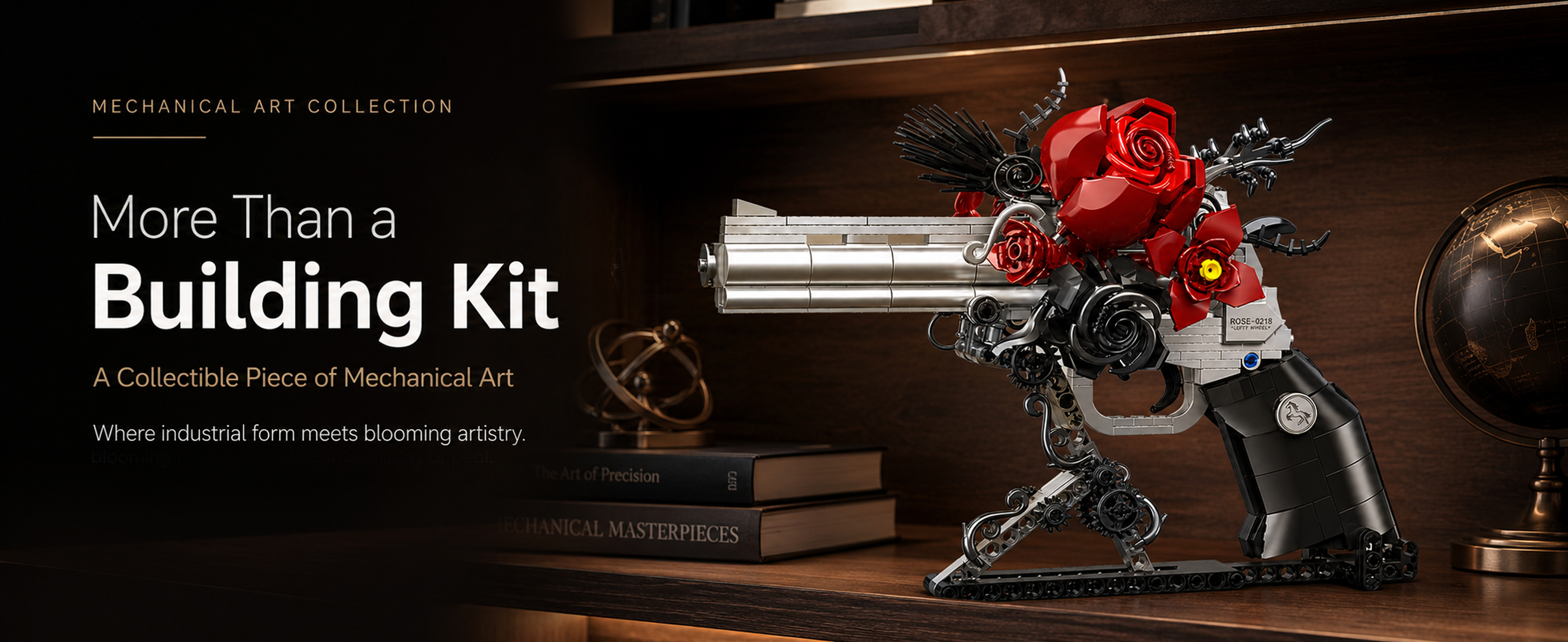 Floral revolver building set displayed as collectible mechanical art on a dark wooden shelf