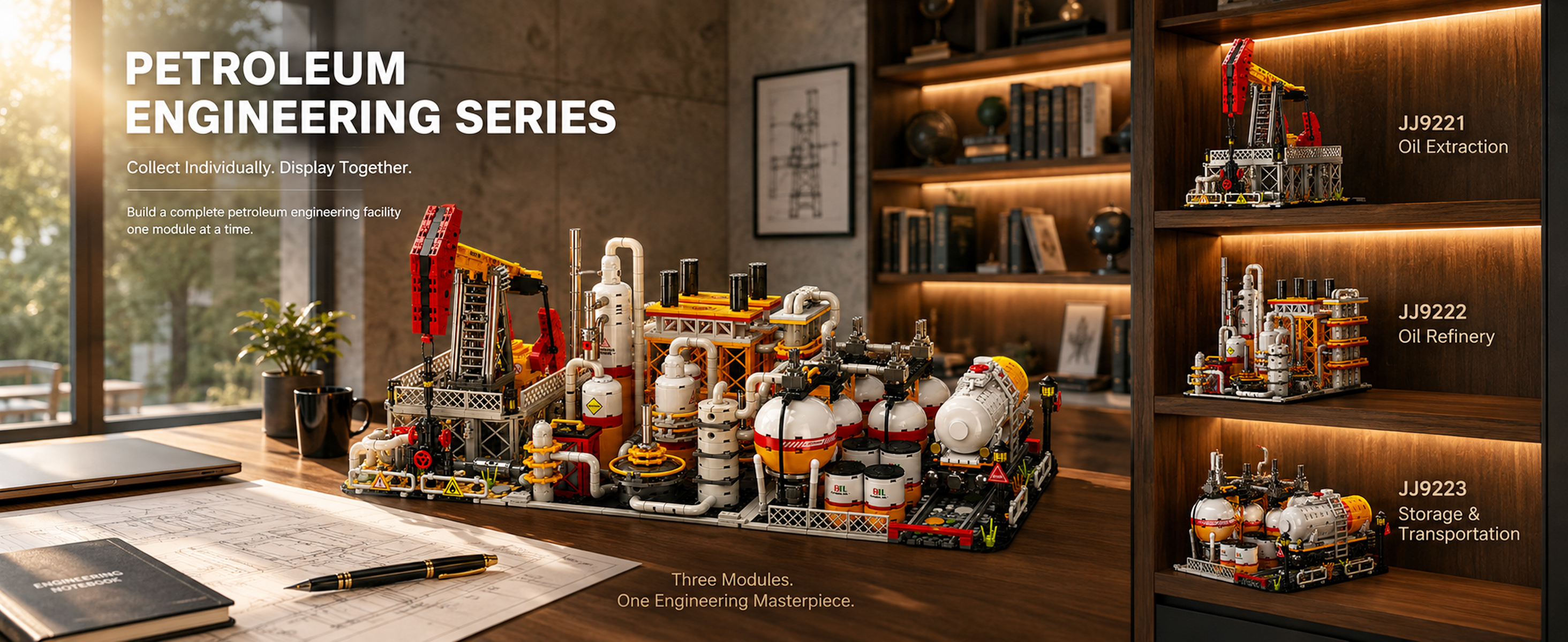 Complete three-model petroleum engineering building block set with oil pump jack, modular refinery and storage station