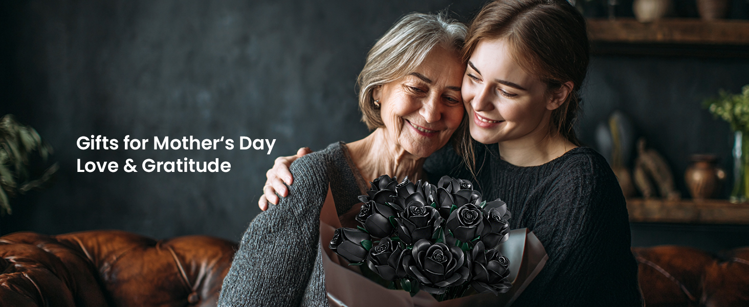 Black rose bouquet building set presented as a dark romantic gift