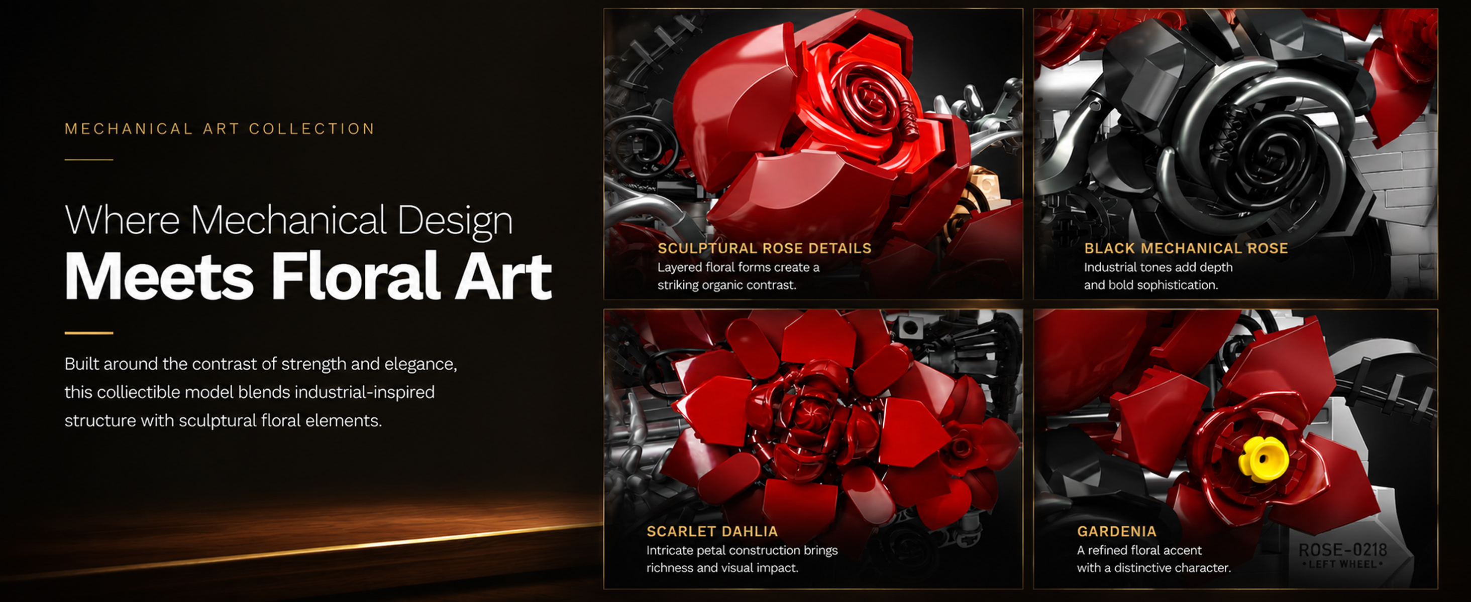 Close-up details of red sculptural roses, a black mechanical rose, a scarlet dahlia, and a gardenia accent