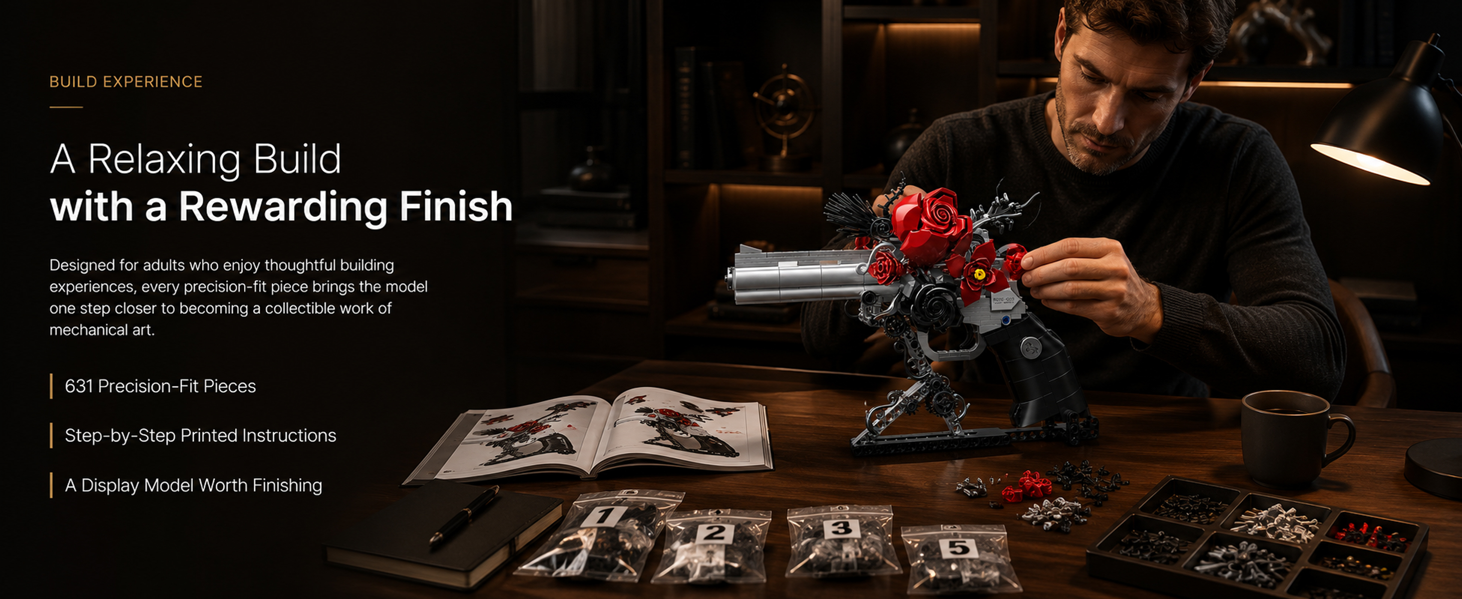 Adult builder assembling the floral revolver model with printed instructions, numbered brick bags, and sorted pieces