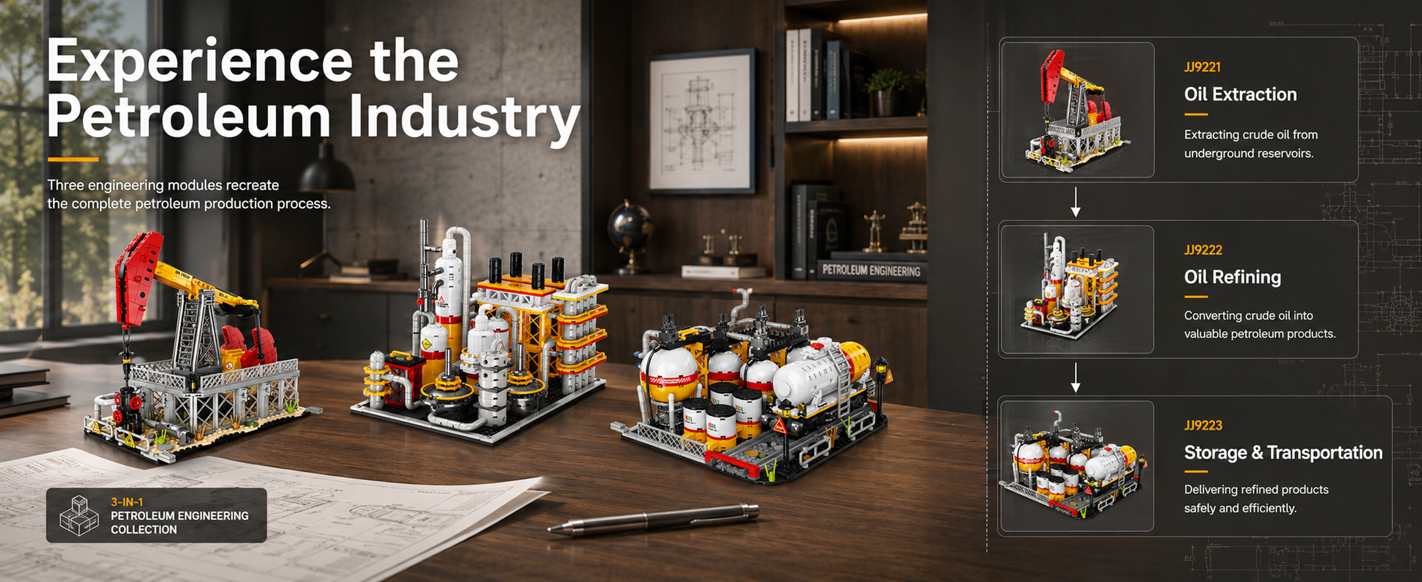 Three petroleum engineering building block models displayed together as a complete industrial collection