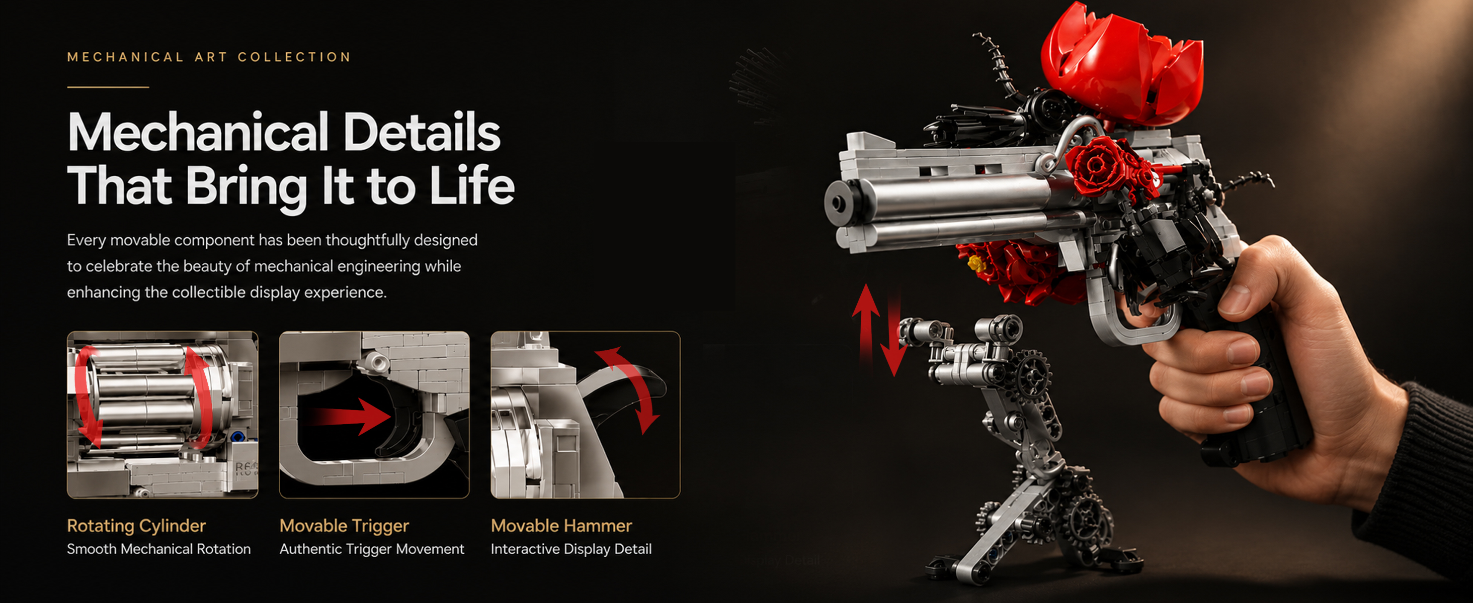 Close-up of manually movable brick details including rotating cylinder, trigger, and hammer