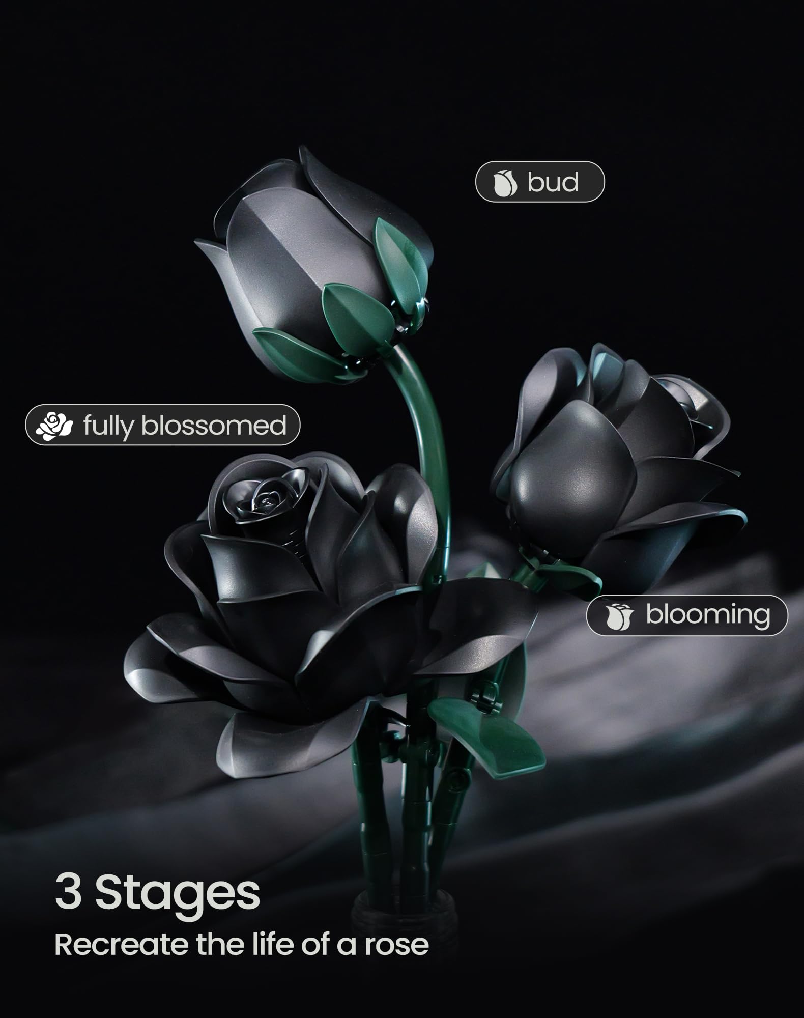 Gothic Black Rose Bouquet Building Set – 12 Never-Wilting Roses