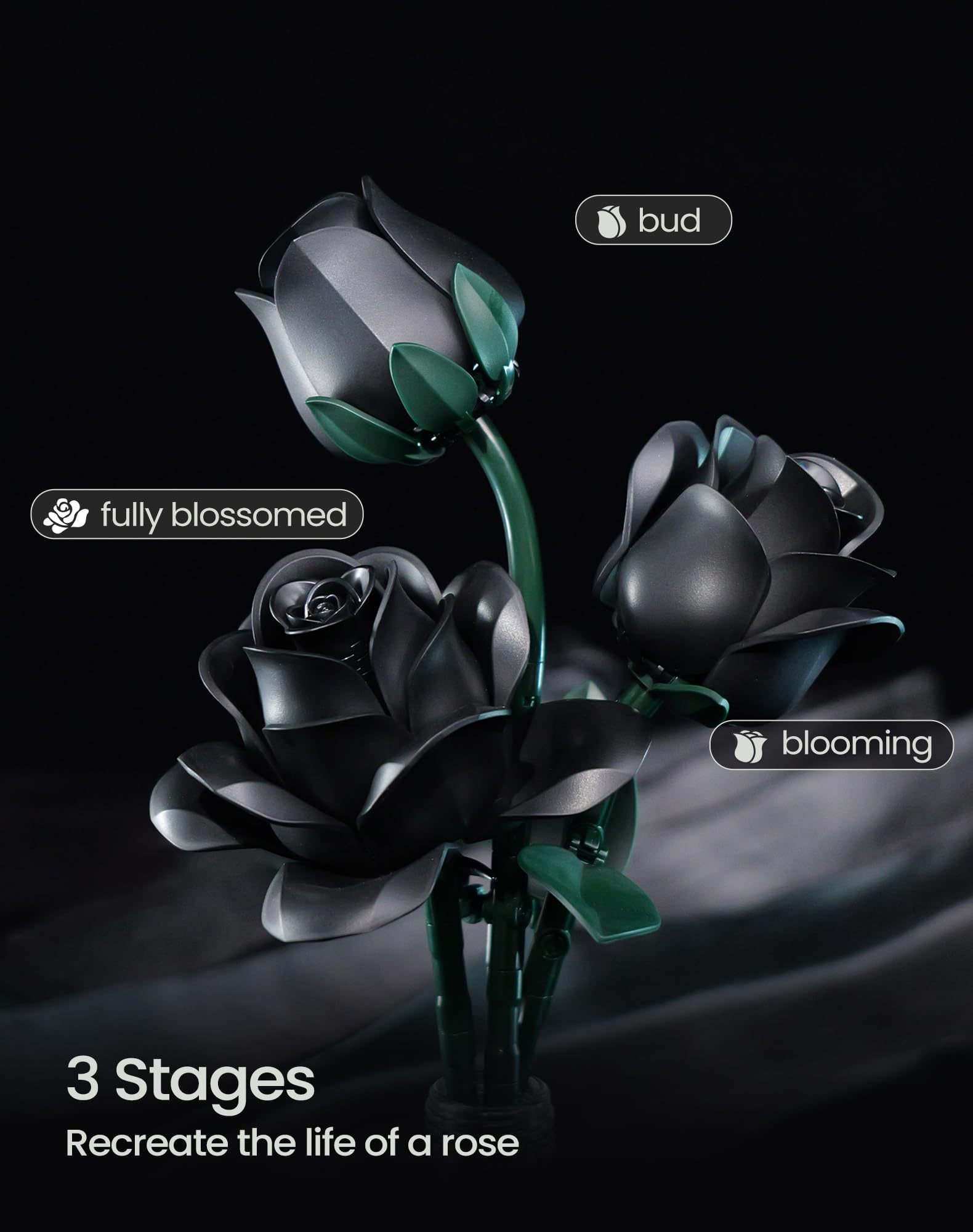 Gothic Black Rose Bouquet Building Set – 12 Never-Wilting Roses