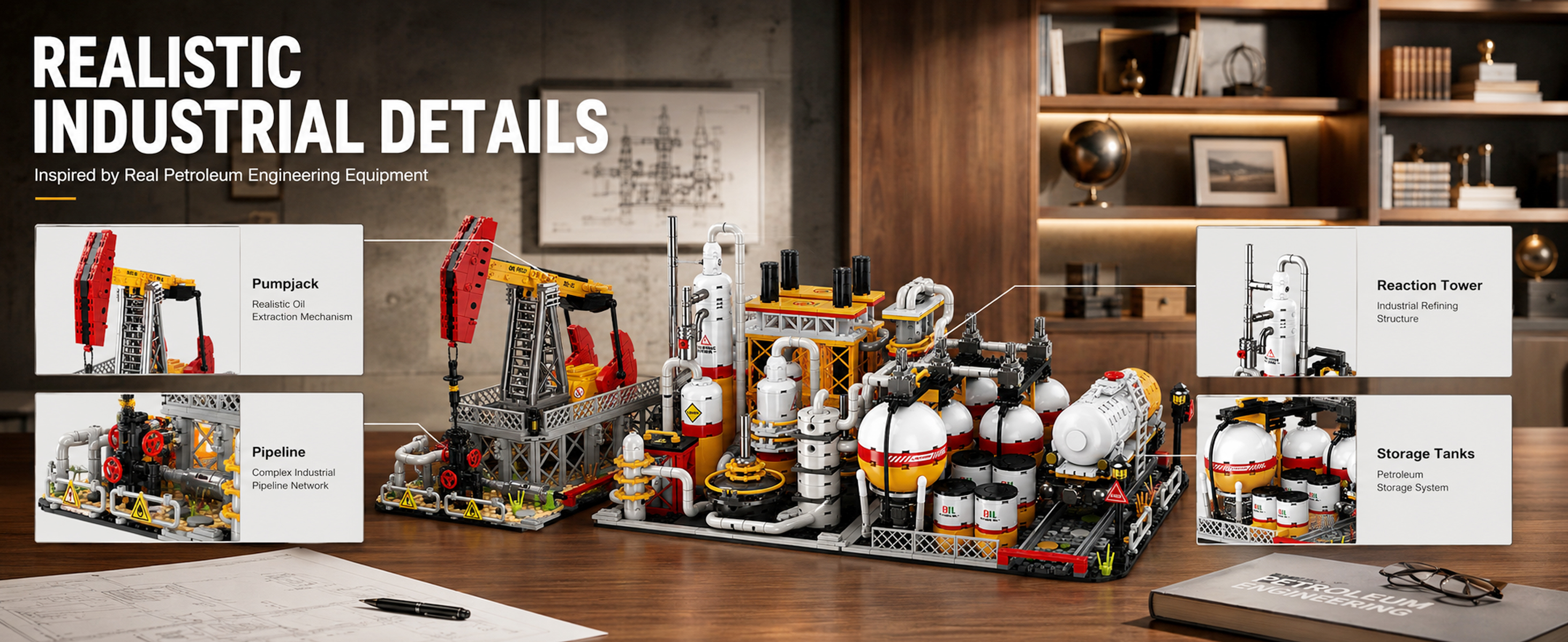 Oil pump jack refinery and storage station building sets arranged as a connected industrial display