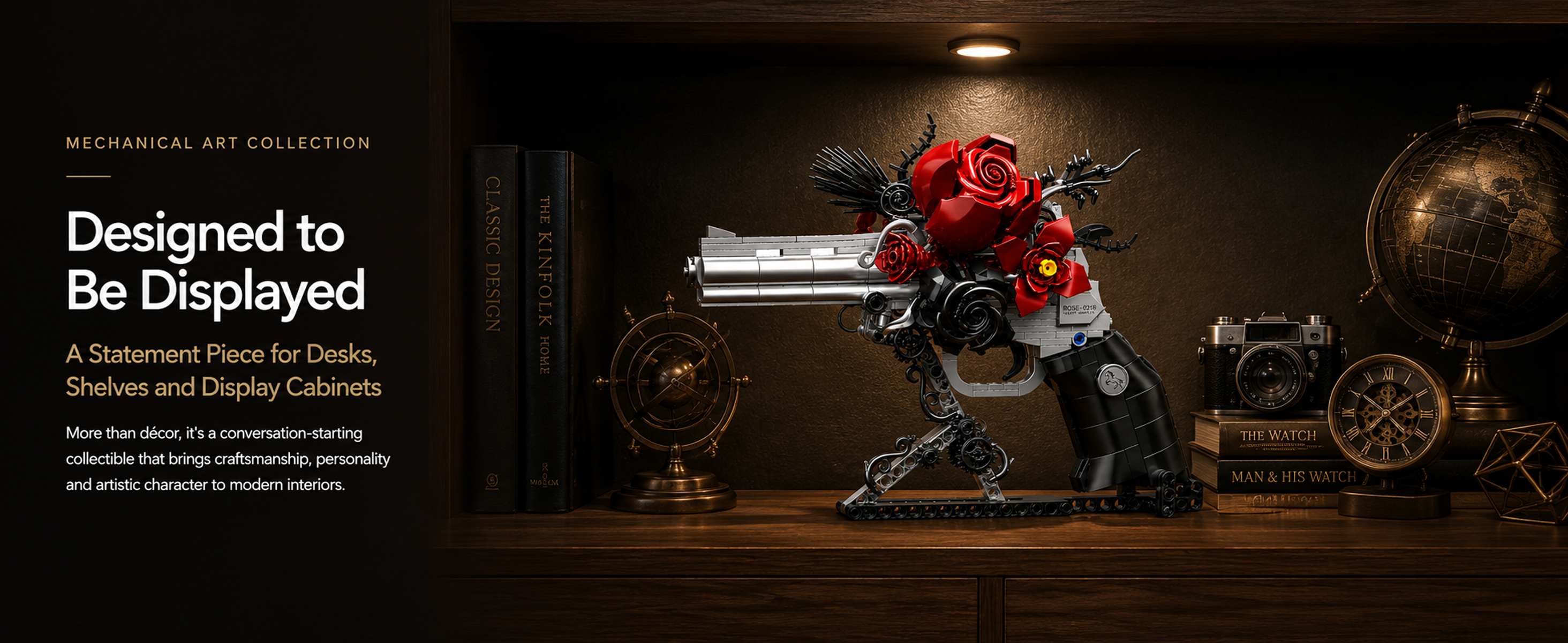 Floral revolver brick model displayed on a dark shelf with books, clock, camera, and globe