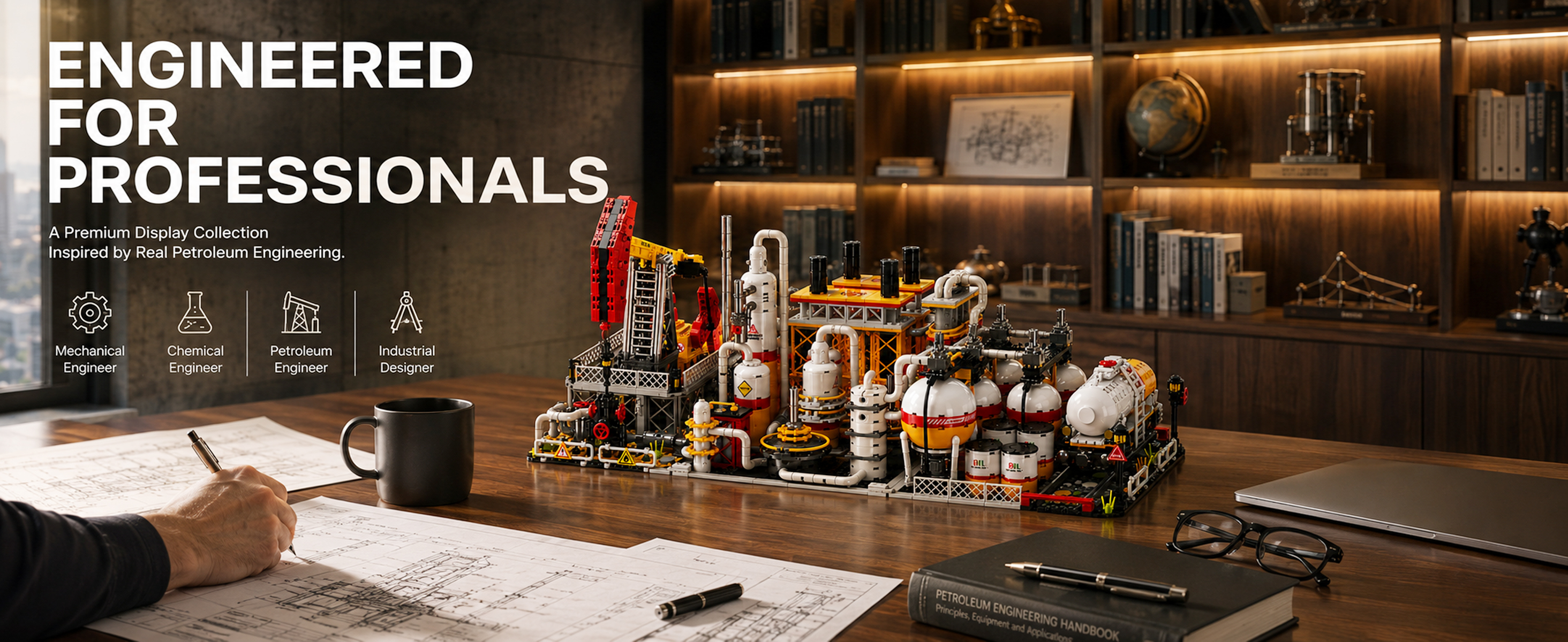 Complete industrial brick city display combining petroleum extraction processing and storage models