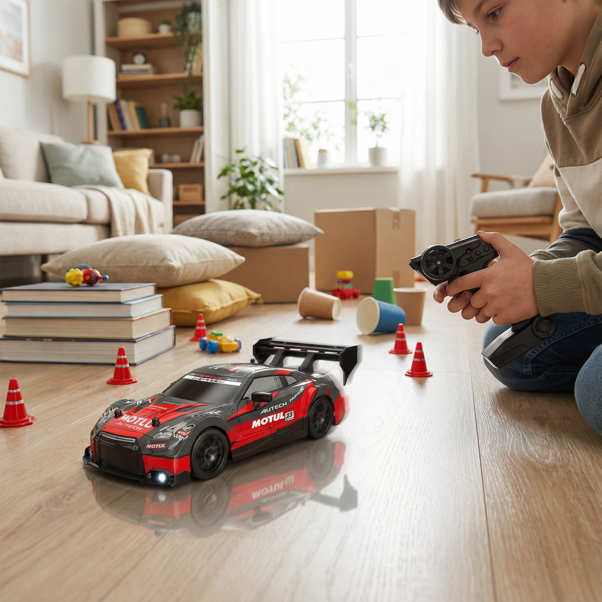 Red and black RC drift car operated with a steering-wheel-style controller near cones