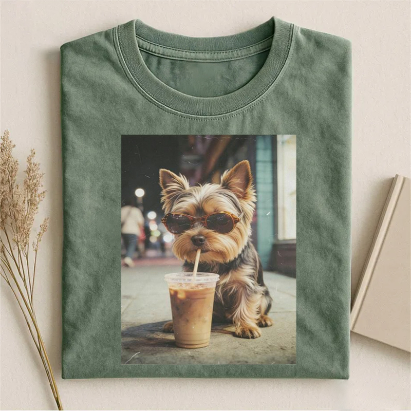 Funny Yorkie Drinking Iced Coffee T-shirt