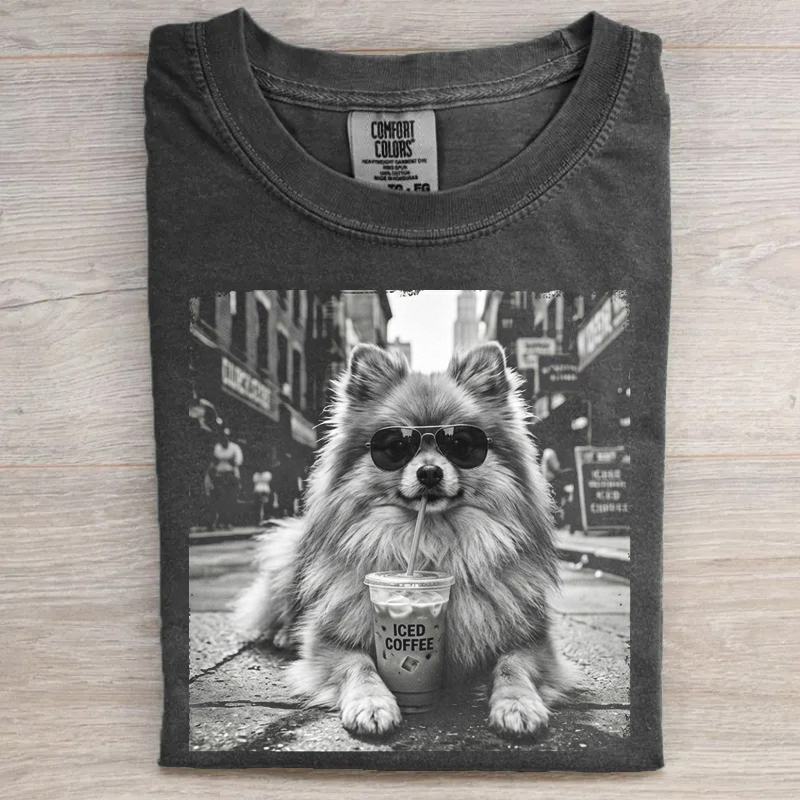 Pomeranian Drinking Iced Milk Coffee T-shirt