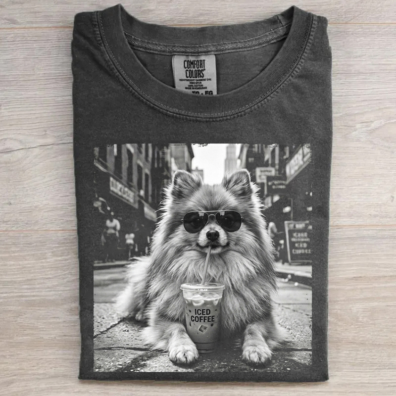 Pomeranian Drinking Iced Milk Coffee T-shirt