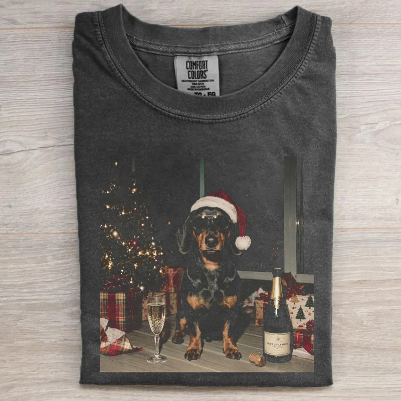 Christmas Dachshund Champagne Vintage T-shirt