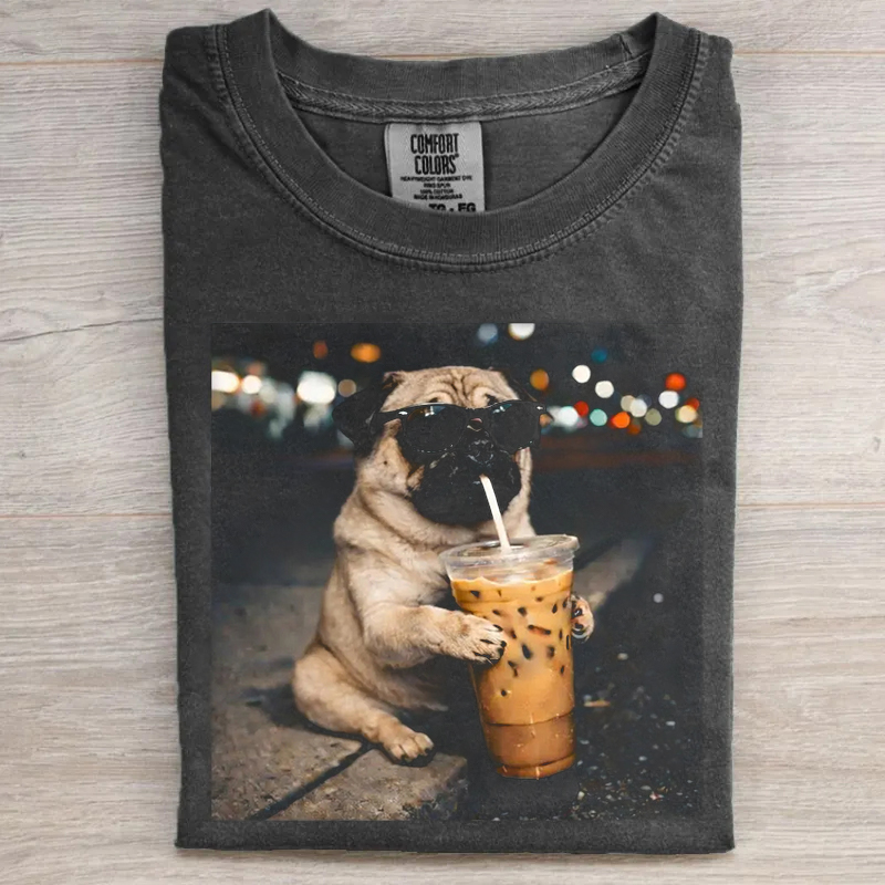 Pug Dog Drinking Iced Coffee T-shirt
