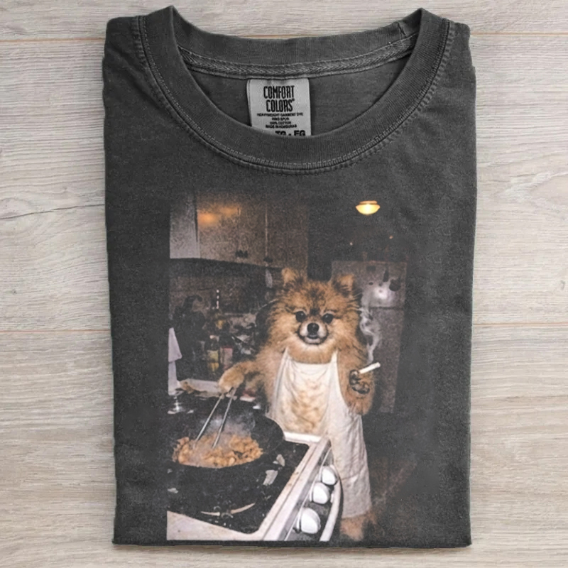 Retro Cooking Pomeranian Meme Graphic T-shirt
