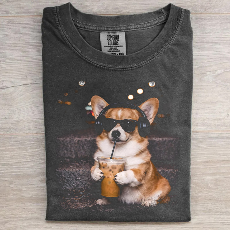 Corgi Drinking Iced Coffee T-shirt