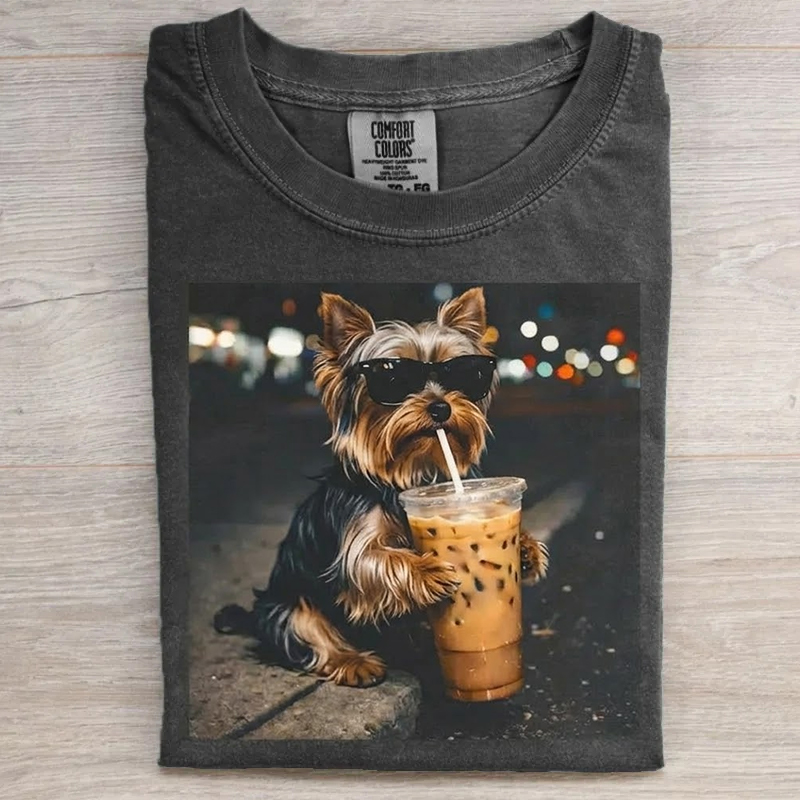 Yorkie Dog Drinking Iced Coffee T-shirt