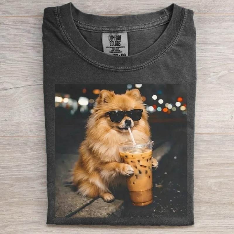 Pomeranian Dog Drinking Iced Coffee T-shirt