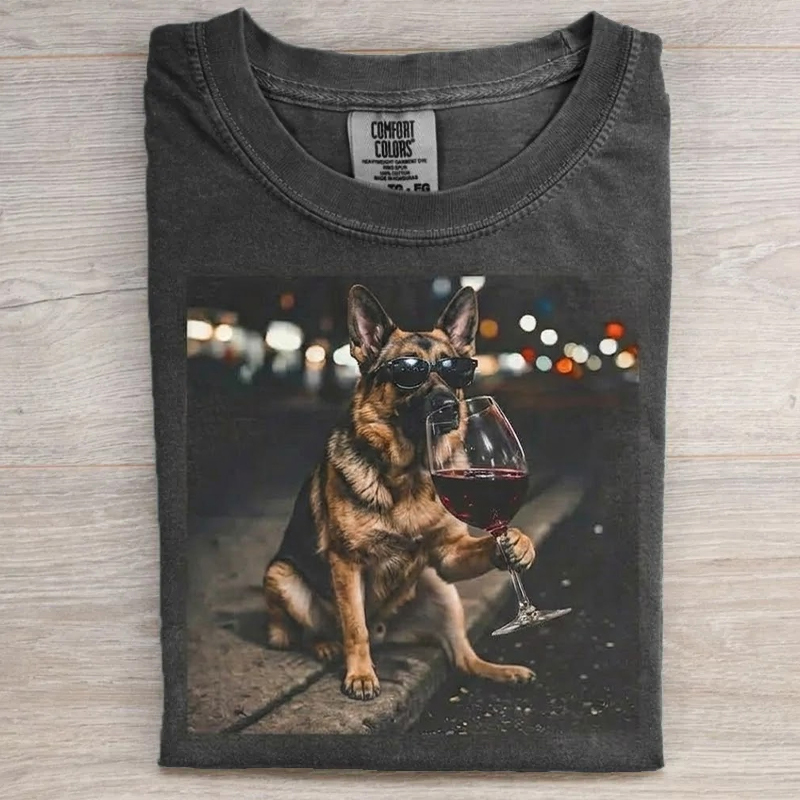 German Shepherd Drinking Wine Graphic T-shirt