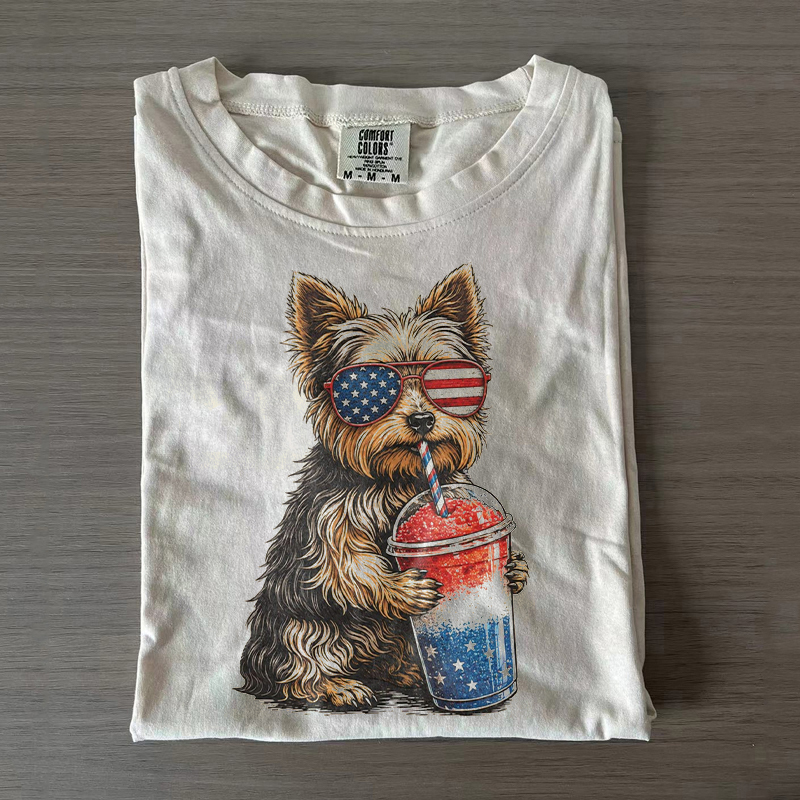 Patriotic Yorkie Drinking Slushie T-shirt