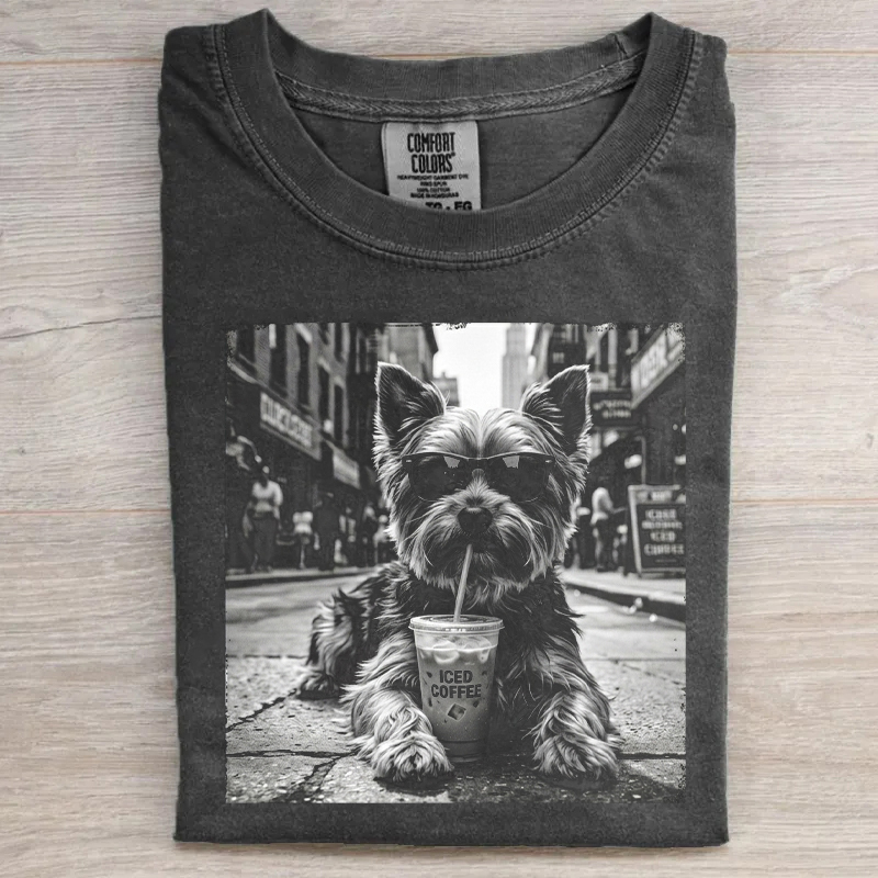 Yorkie Drinking Iced Milk Coffee T-shirt