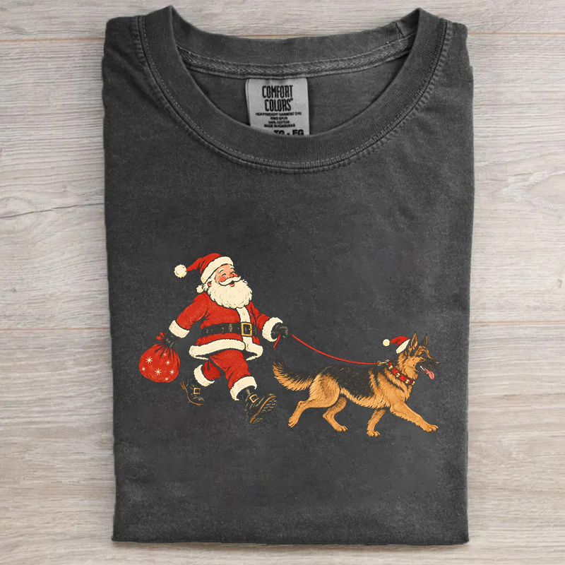 Funny Christmas Santa Walking German Shepherd  T-shirt