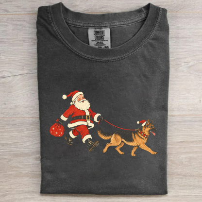 Funny Christmas Santa Walking German Shepherd  T-shirt